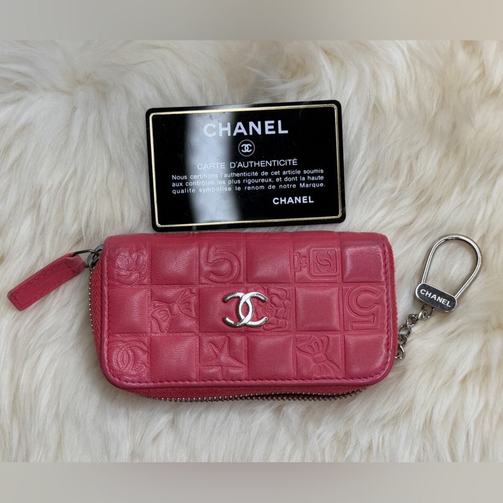 Chanel Mademoiselle Key Chain Card Holder Pink Leather With Silver Hardware